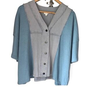 POL distressed shirt short sleeve waffle knit raw hem oversized blue grunge